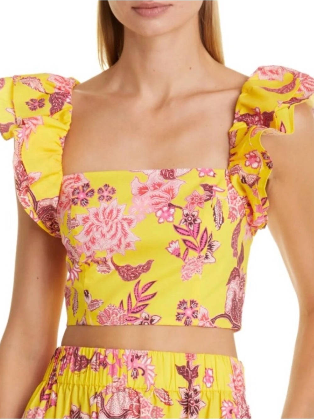 Cara Cara Darby Nippon Buttercup Yellow Pink Floral Crop Tank Sleeveless Ruffle